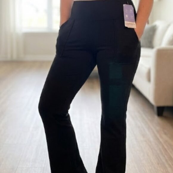 NWT BSP Fleece Lined Flare Yoga Pants XL Black High Waist Front Pockets - Picture 5 of 5